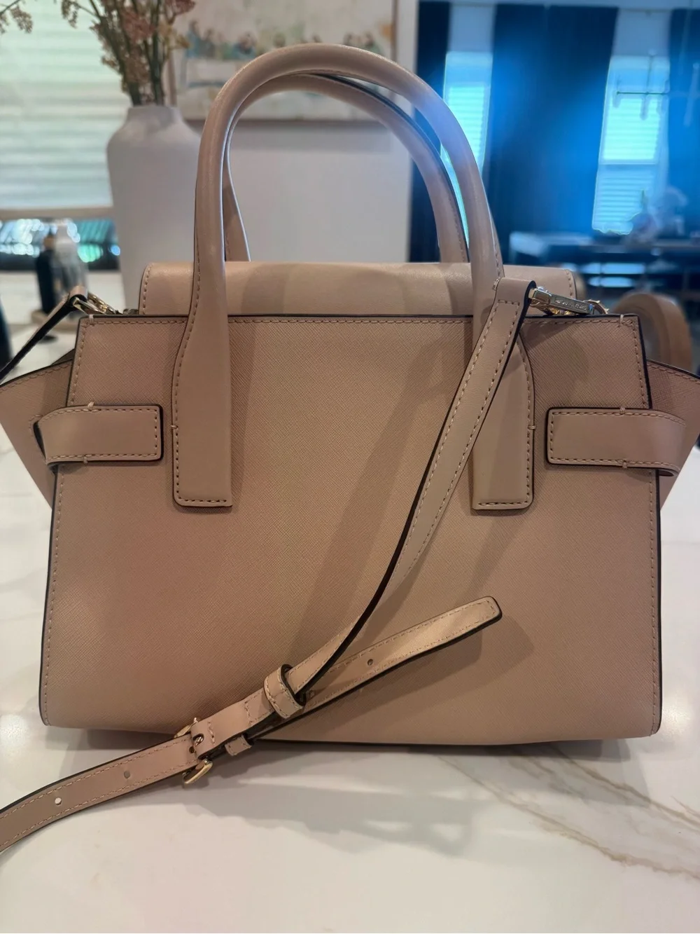 Michael Kors Blush Tan Saffiano Leather Satchel with Gold MK Emblem